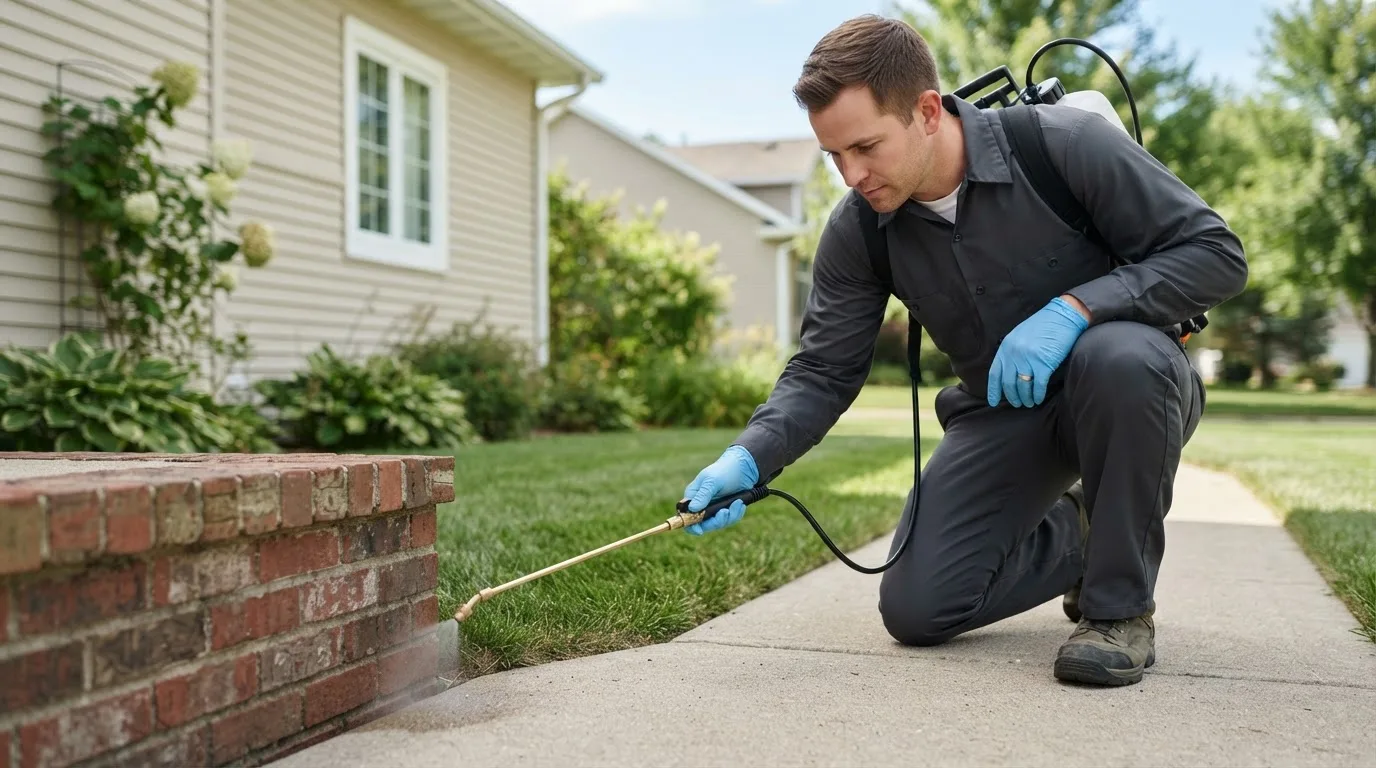 Pest control technician treating a home near Eagle, MI
