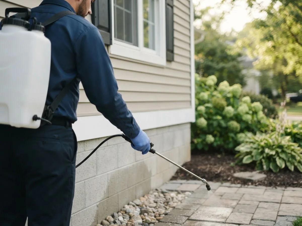 Pest control technician inspecting a home in Eagle, MI